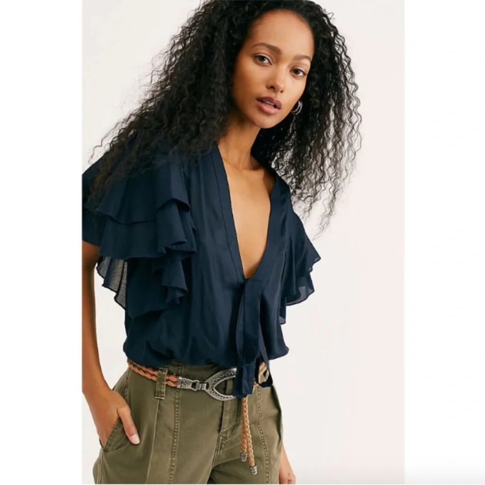 Intimately Free People Call Me Later Navy Blue Ruffle Sleeve Bodysuit - Picture 10 of 11